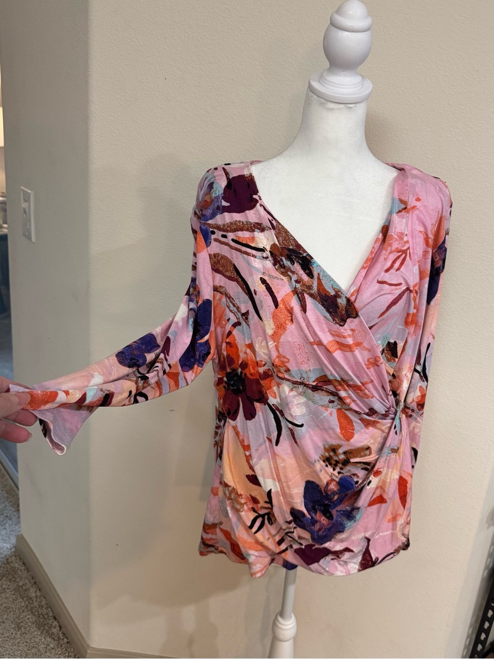Calvin Klein Pink Floral Wrap-Front Long Sleeve Blouse